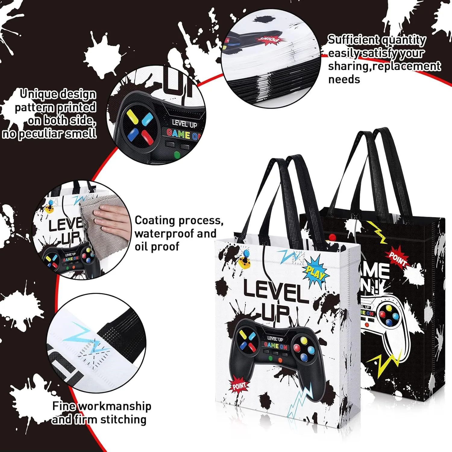 Sweetude 30 Pcs Video Game Gift Bag with Handle Game Party Supplies Reusable Gaming Non Goody Bag for Girl Boy, 2 Styles