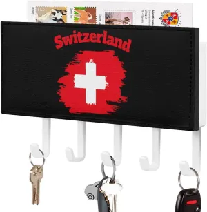 Switzerland Flag Novelty Key Holder Printed Keys Hook Mail Organizer Hanging Rack Decor with 5 Hooks for Wall