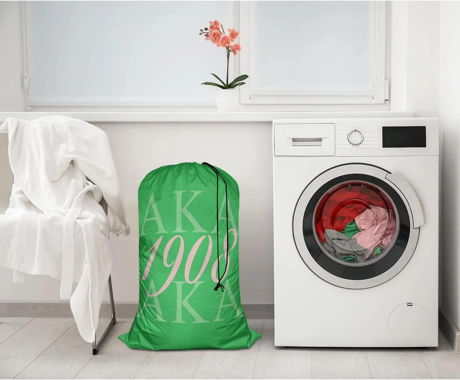 Swono AKA 1908 Washing Toy Storage Heavy Duty Basket Laundry Bag with Drawstring As Known As Abbreviation Cool Hip Hop Style Folding Organizer for Travel Oxford Cloth, Washing Machine, Green Pink