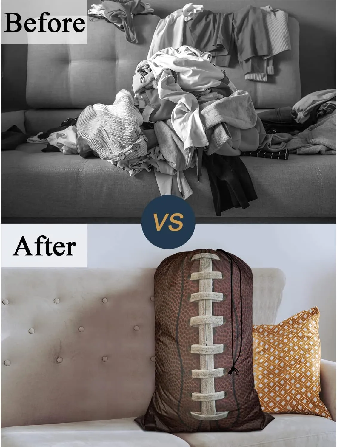 Swono American Football Laces Laundry Bag Large Heavy Duty Laundry Backpack with Adjustable Drawstring Closure Stitch Soccer Sports Laundry Hamper for Traveling Dirty Clothes Organizer, Brown