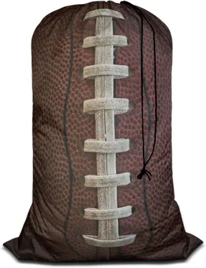 Swono American Football Laces Laundry Bag Large Heavy Duty Laundry Backpack with Adjustable Drawstring Closure Stitch Soccer Sports Laundry Hamper for Traveling Dirty Clothes Organizer, Brown