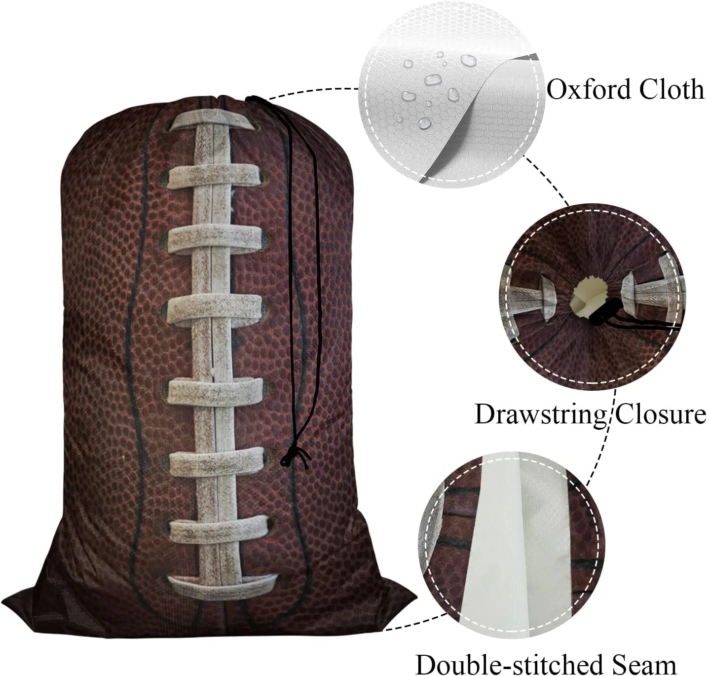 Swono American Football Laces Laundry Bag Large Heavy Duty Laundry Backpack with Adjustable Drawstring Closure Stitch Soccer Sports Laundry Hamper for Traveling Dirty Clothes Organizer, Brown