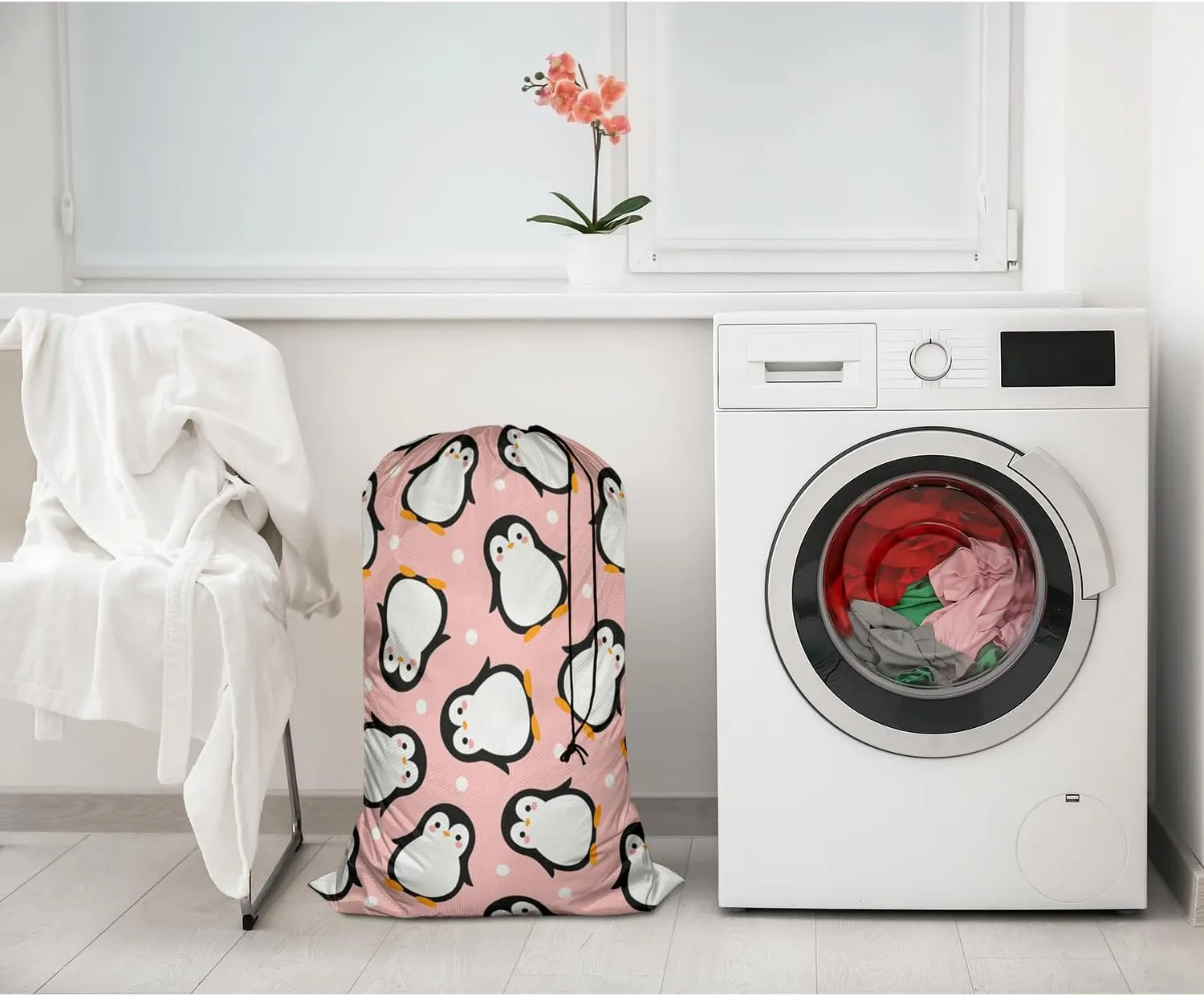 Swono Cute Penguin Large Dirty Clothes Laundry Bag for Laundry Basket Hamper, Cartoon Xmas Wildlife Snow Dots Drawstring Organizer Bag, Fit Hamper Basket Camp Travel Home College Dorm
