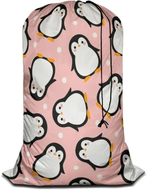 Swono Cute Penguin Large Dirty Clothes Laundry Bag for Laundry Basket Hamper, Cartoon Xmas Wildlife Snow Dots Drawstring Organizer Bag, Fit Hamper Basket Camp Travel Home College Dorm