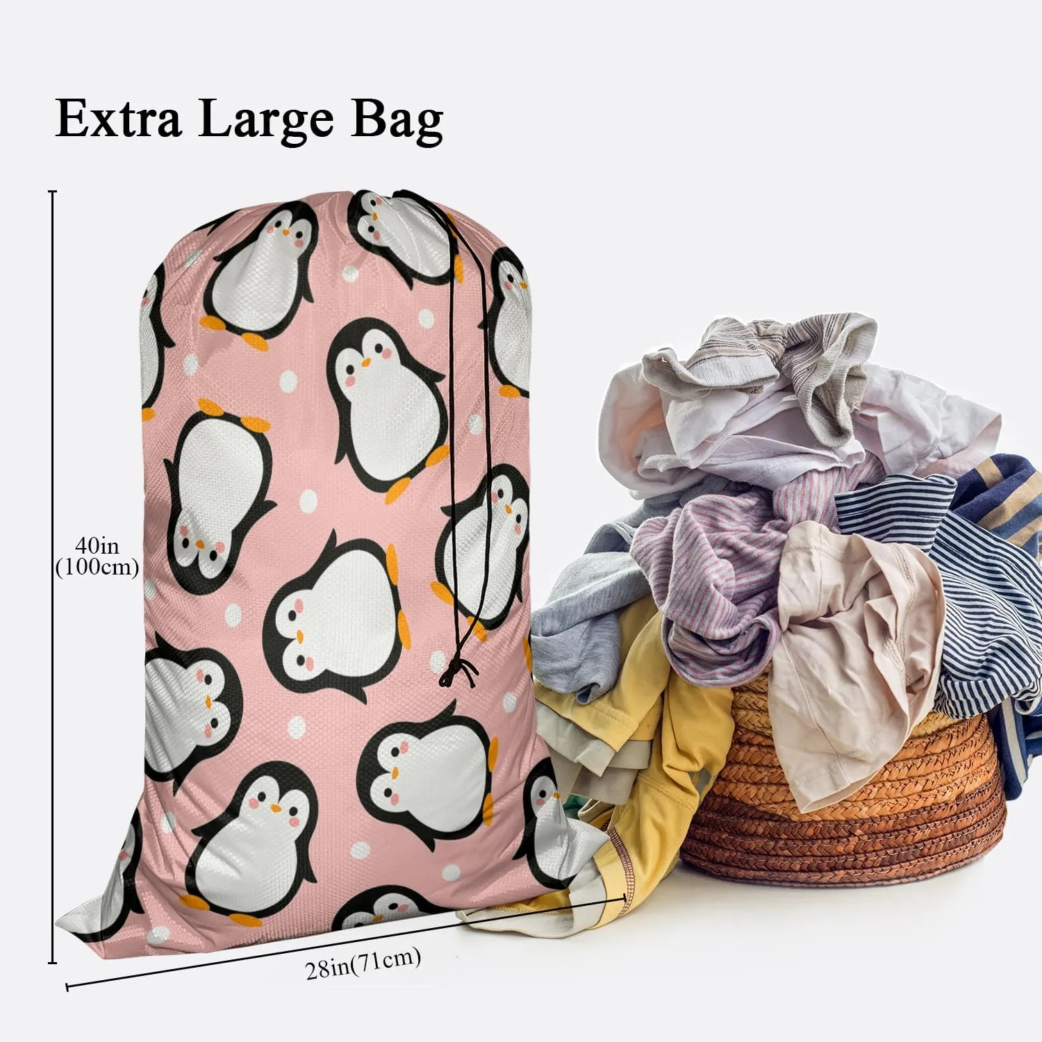 Swono Cute Penguin Large Dirty Clothes Laundry Bag for Laundry Basket Hamper, Cartoon Xmas Wildlife Snow Dots Drawstring Organizer Bag, Fit Hamper Basket Camp Travel Home College Dorm