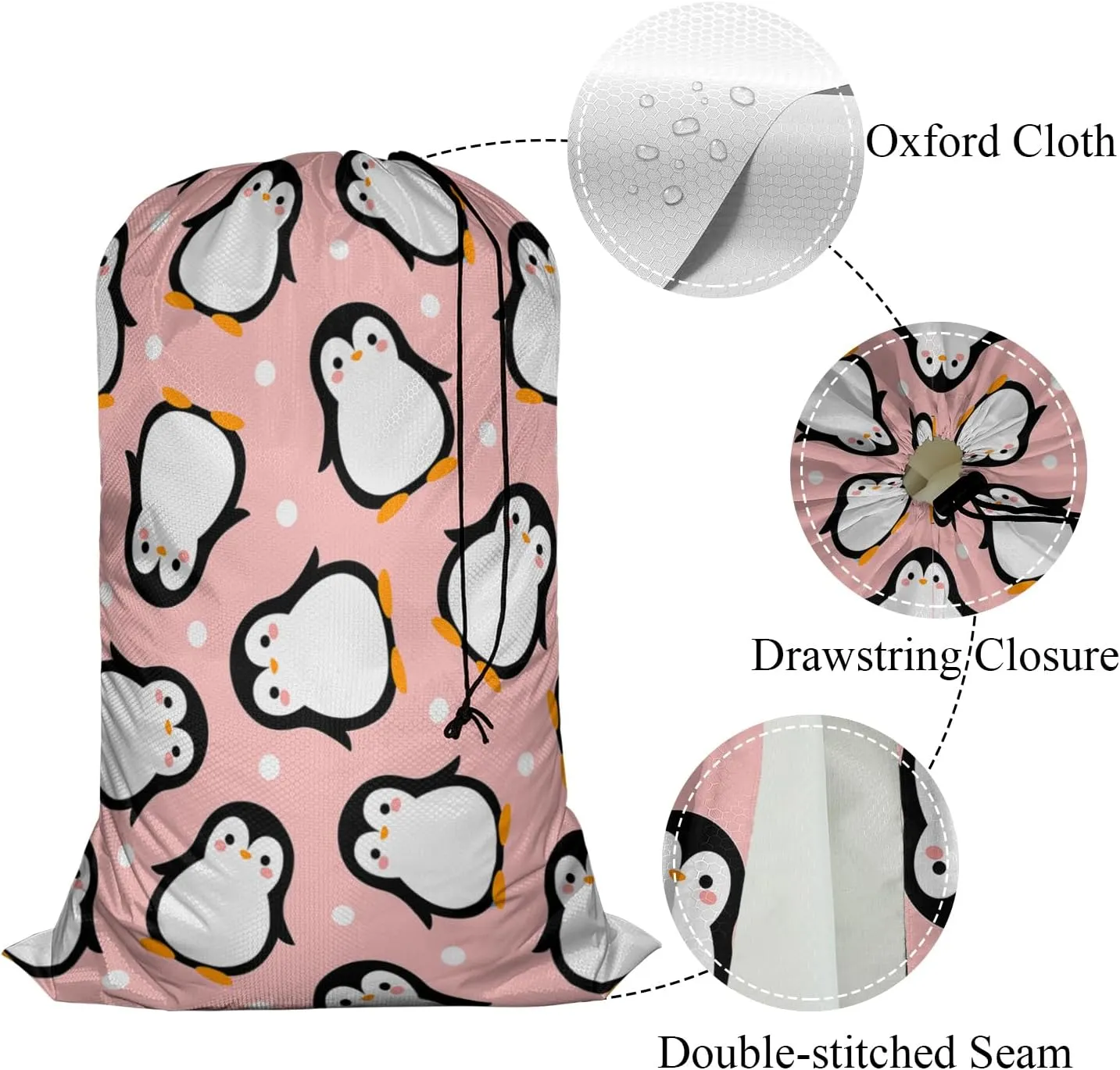 Swono Cute Penguin Large Dirty Clothes Laundry Bag for Laundry Basket Hamper, Cartoon Xmas Wildlife Snow Dots Drawstring Organizer Bag, Fit Hamper Basket Camp Travel Home College Dorm