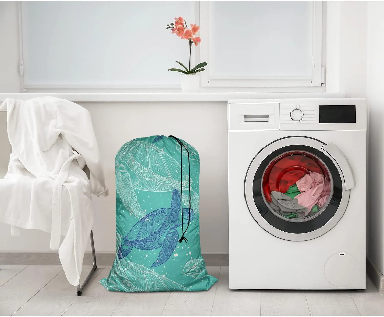 Swono Drawstring Laundry Bag Sea Turtles Sea Creature Sea Life Ocean Animal Underwater Blue Mandala Oversize Storage/Travel Bag for Home - Measures 28 x 40 Inches