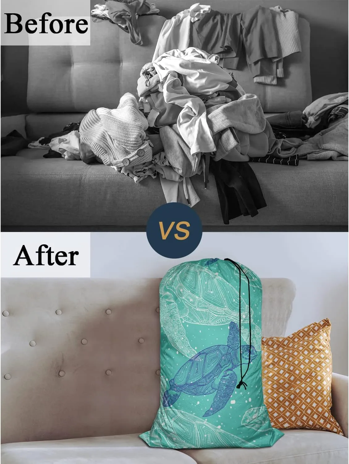 Swono Drawstring Laundry Bag Sea Turtles Sea Creature Sea Life Ocean Animal Underwater Blue Mandala Oversize Storage/Travel Bag for Home - Measures 28 x 40 Inches