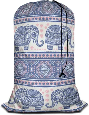 Swono Ethnic Elephant Extra Heavy Duty Laundry Bag, Indian Style Lotus Floral X-Large Dirty Clothes Drawstring Bag with Tear Resistant Fabric, Washable Laundry Liner for Hamper, Ideal for Camp, Travel