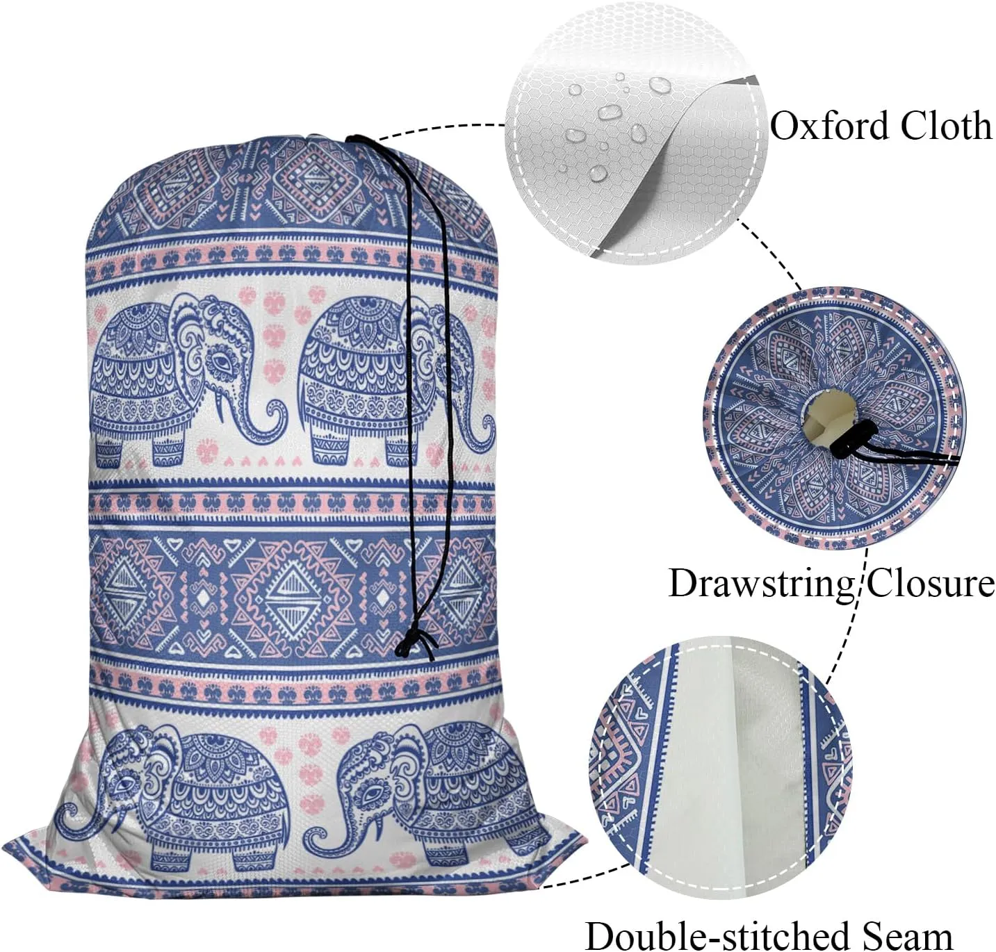 Swono Ethnic Elephant Extra Heavy Duty Laundry Bag, Indian Style Lotus Floral X-Large Dirty Clothes Drawstring Bag with Tear Resistant Fabric, Washable Laundry Liner for Hamper, Ideal for Camp, Travel