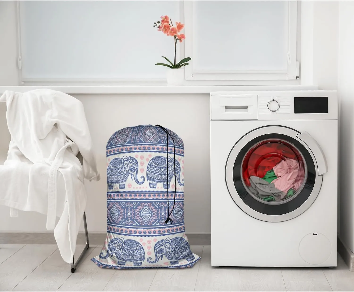 Swono Ethnic Elephant Extra Heavy Duty Laundry Bag, Indian Style Lotus Floral X-Large Dirty Clothes Drawstring Bag with Tear Resistant Fabric, Washable Laundry Liner for Hamper, Ideal for Camp, Travel