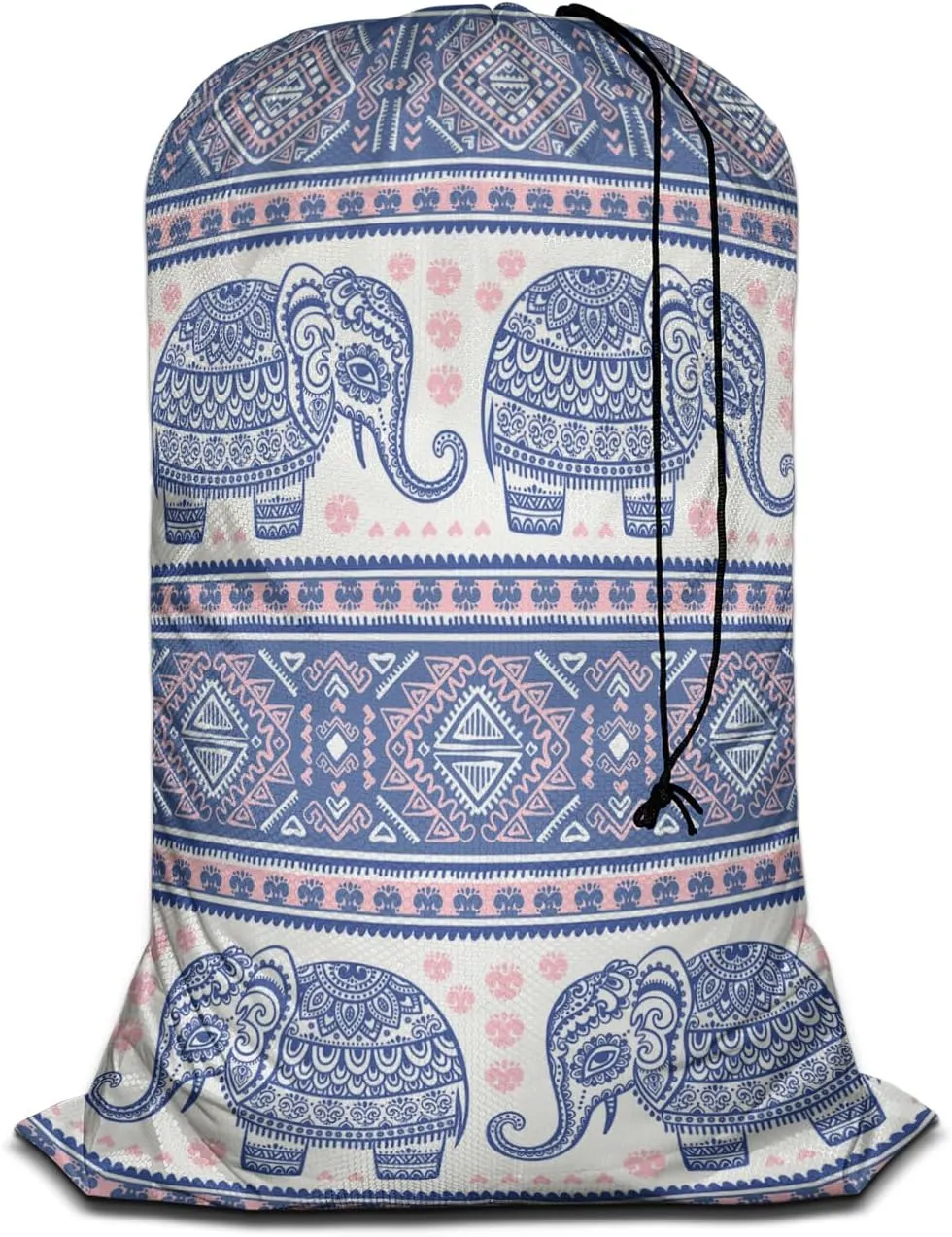 Swono Ethnic Elephant Extra Heavy Duty Laundry Bag, Indian Style Lotus Floral X-Large Dirty Clothes Drawstring Bag with Tear Resistant Fabric, Washable Laundry Liner for Hamper, Ideal for Camp, Travel