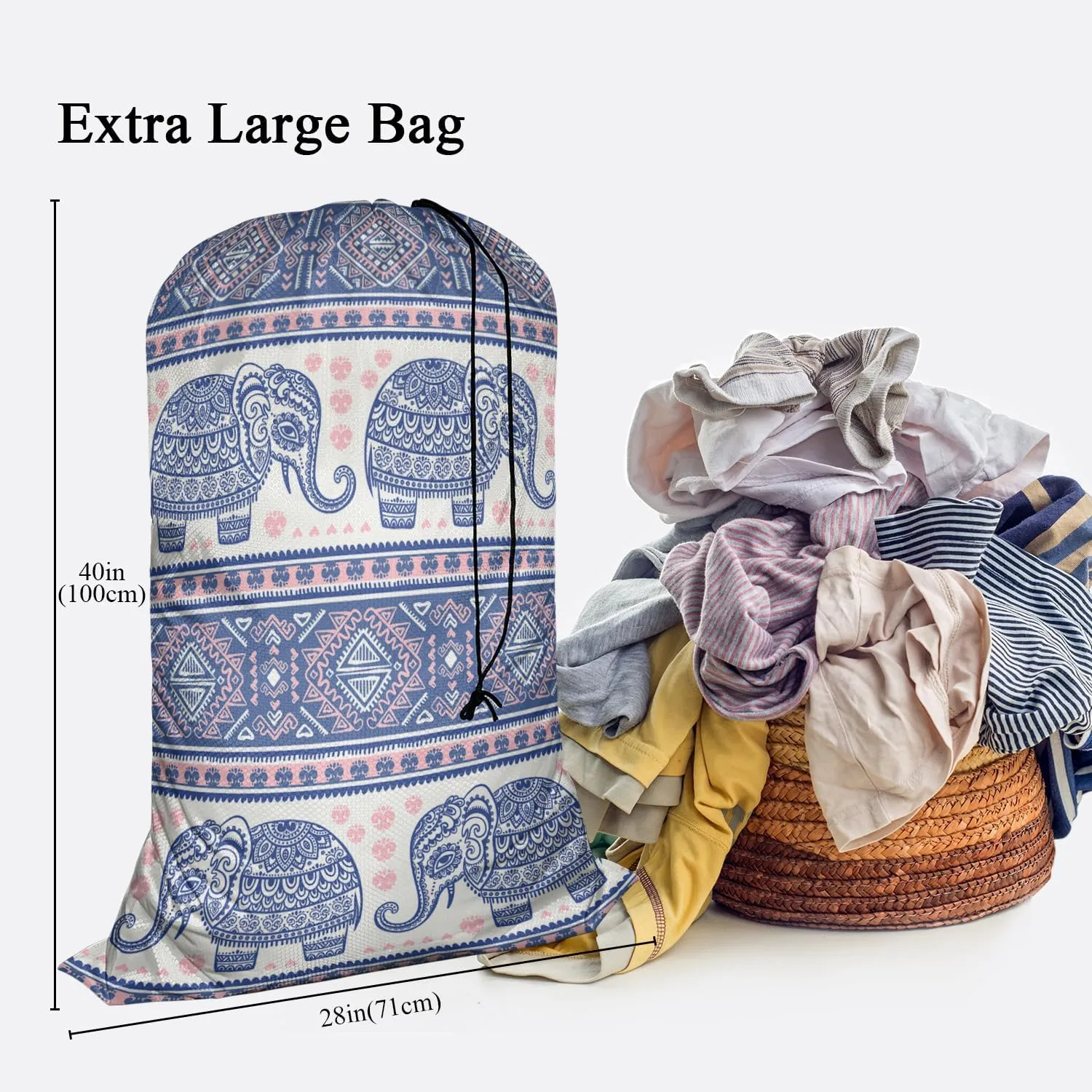 Swono Ethnic Elephant Extra Heavy Duty Laundry Bag, Indian Style Lotus Floral X-Large Dirty Clothes Drawstring Bag with Tear Resistant Fabric, Washable Laundry Liner for Hamper, Ideal for Camp, Travel