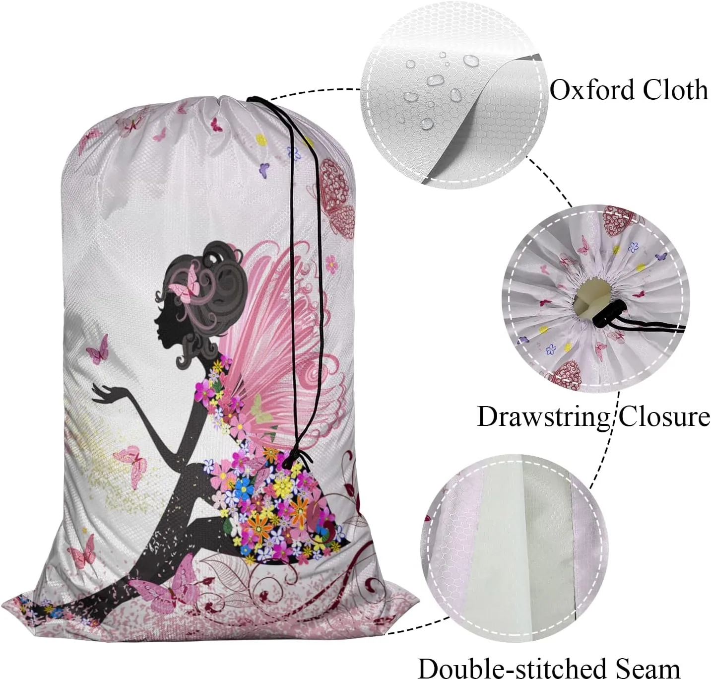 Swono Extra Heavy Duty Laundry Bag Butterfly Girl Fairy, Cartoon Flower Magic Silhouette X-Large Dirty Clothes Drawstring Bag, Washable Laundry Liner for Hamper, Ideal for Camp, Travel