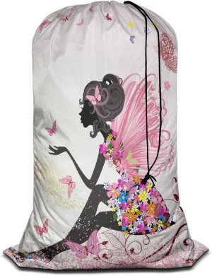 Swono Extra Heavy Duty Laundry Bag Butterfly Girl Fairy, Cartoon Flower Magic Silhouette X-Large Dirty Clothes Drawstring Bag, Washable Laundry Liner for Hamper, Ideal for Camp, Travel
