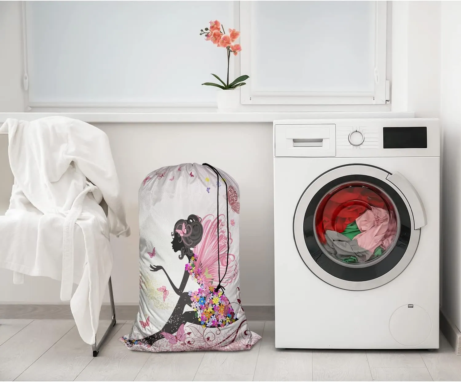 Swono Extra Heavy Duty Laundry Bag Butterfly Girl Fairy, Cartoon Flower Magic Silhouette X-Large Dirty Clothes Drawstring Bag, Washable Laundry Liner for Hamper, Ideal for Camp, Travel