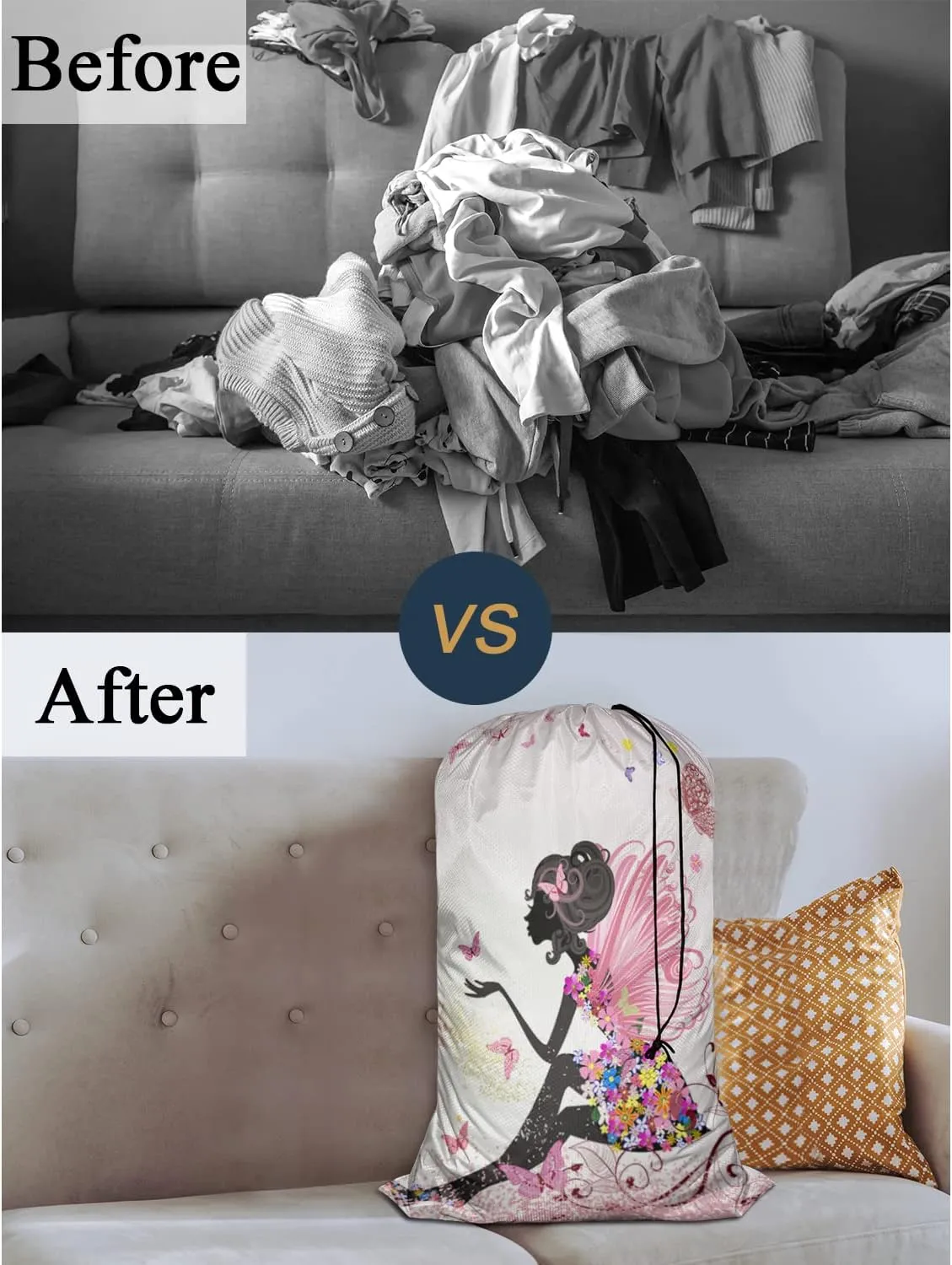 Swono Extra Heavy Duty Laundry Bag Butterfly Girl Fairy, Cartoon Flower Magic Silhouette X-Large Dirty Clothes Drawstring Bag, Washable Laundry Liner for Hamper, Ideal for Camp, Travel