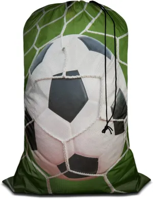 Swono Football Extra Large Travel Laundry Bag, Rip-Stop Dirty Clothes Bag with Drawstring, Soccer Game In Goal Net Green Grass Field Heavy Duty Travel Laundry Bag, Oxford Cloth, Machine Wash
