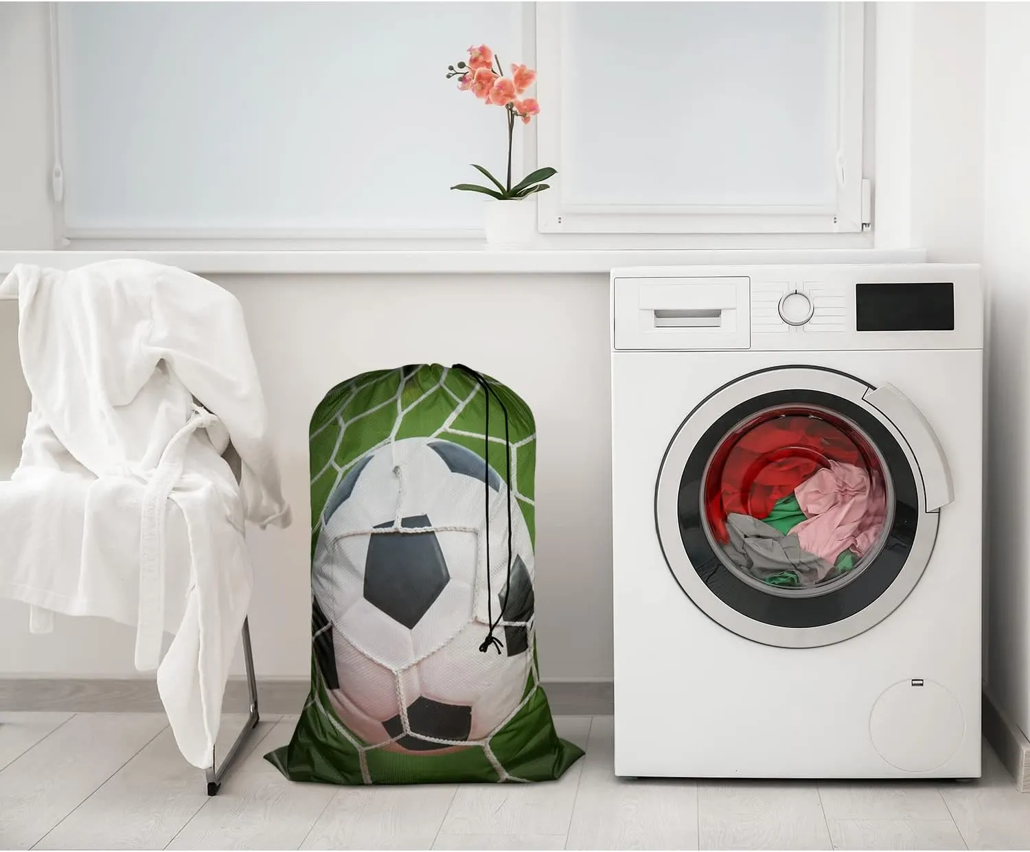 Swono Football Extra Large Travel Laundry Bag, Rip-Stop Dirty Clothes Bag with Drawstring, Soccer Game In Goal Net Green Grass Field Heavy Duty Travel Laundry Bag, Oxford Cloth, Machine Wash