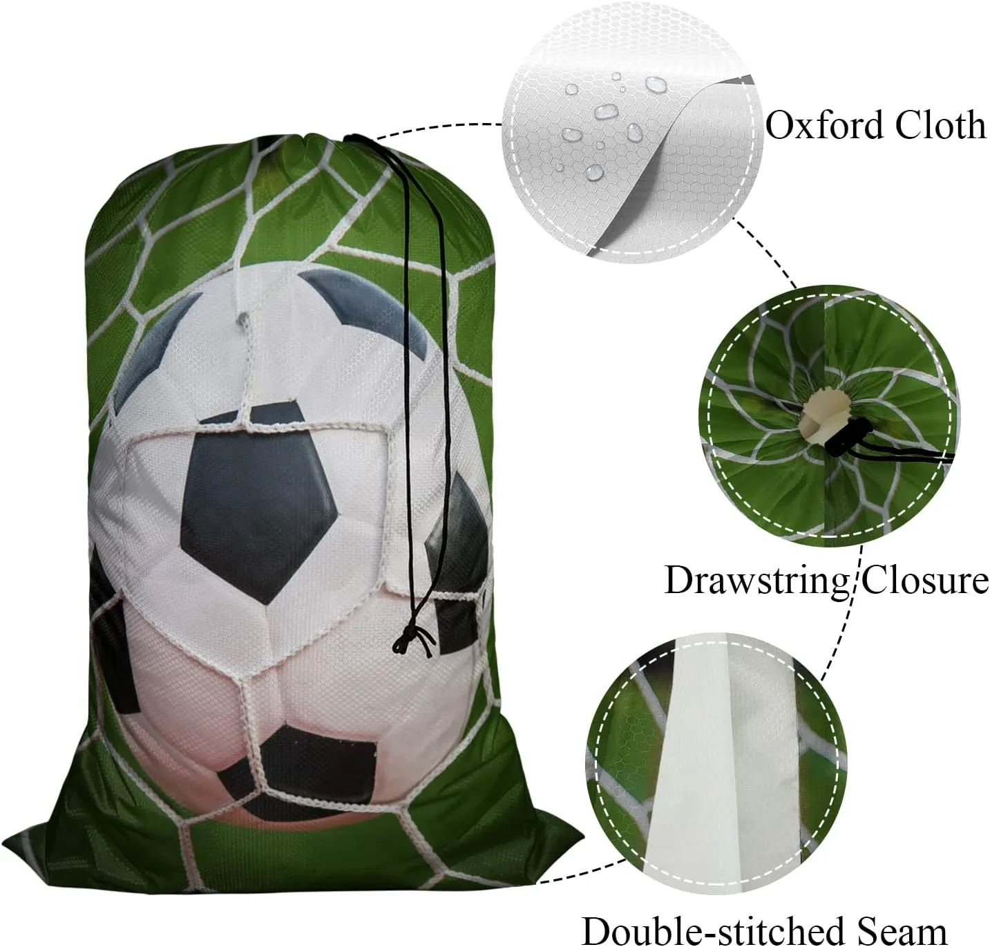 Swono Football Extra Large Travel Laundry Bag, Rip-Stop Dirty Clothes Bag with Drawstring, Soccer Game In Goal Net Green Grass Field Heavy Duty Travel Laundry Bag, Oxford Cloth, Machine Wash