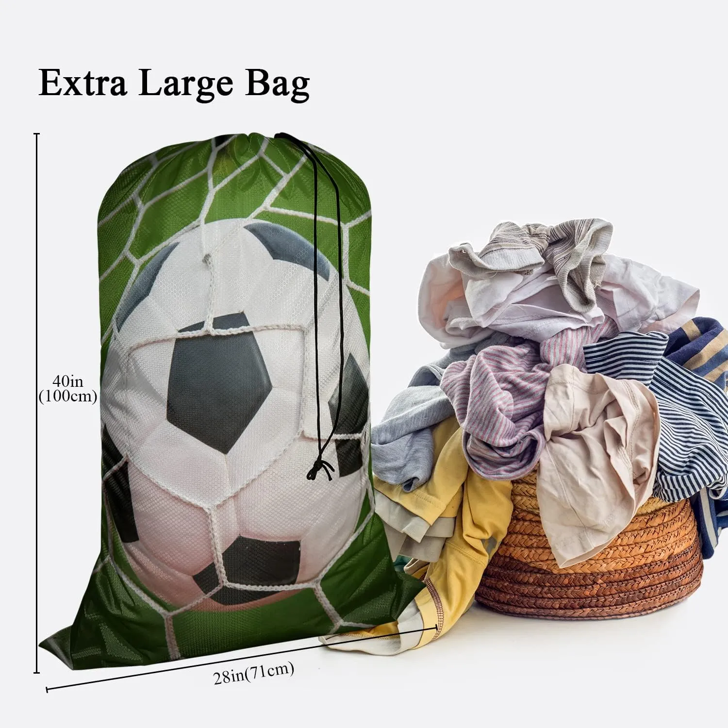 Swono Football Extra Large Travel Laundry Bag, Rip-Stop Dirty Clothes Bag with Drawstring, Soccer Game In Goal Net Green Grass Field Heavy Duty Travel Laundry Bag, Oxford Cloth, Machine Wash