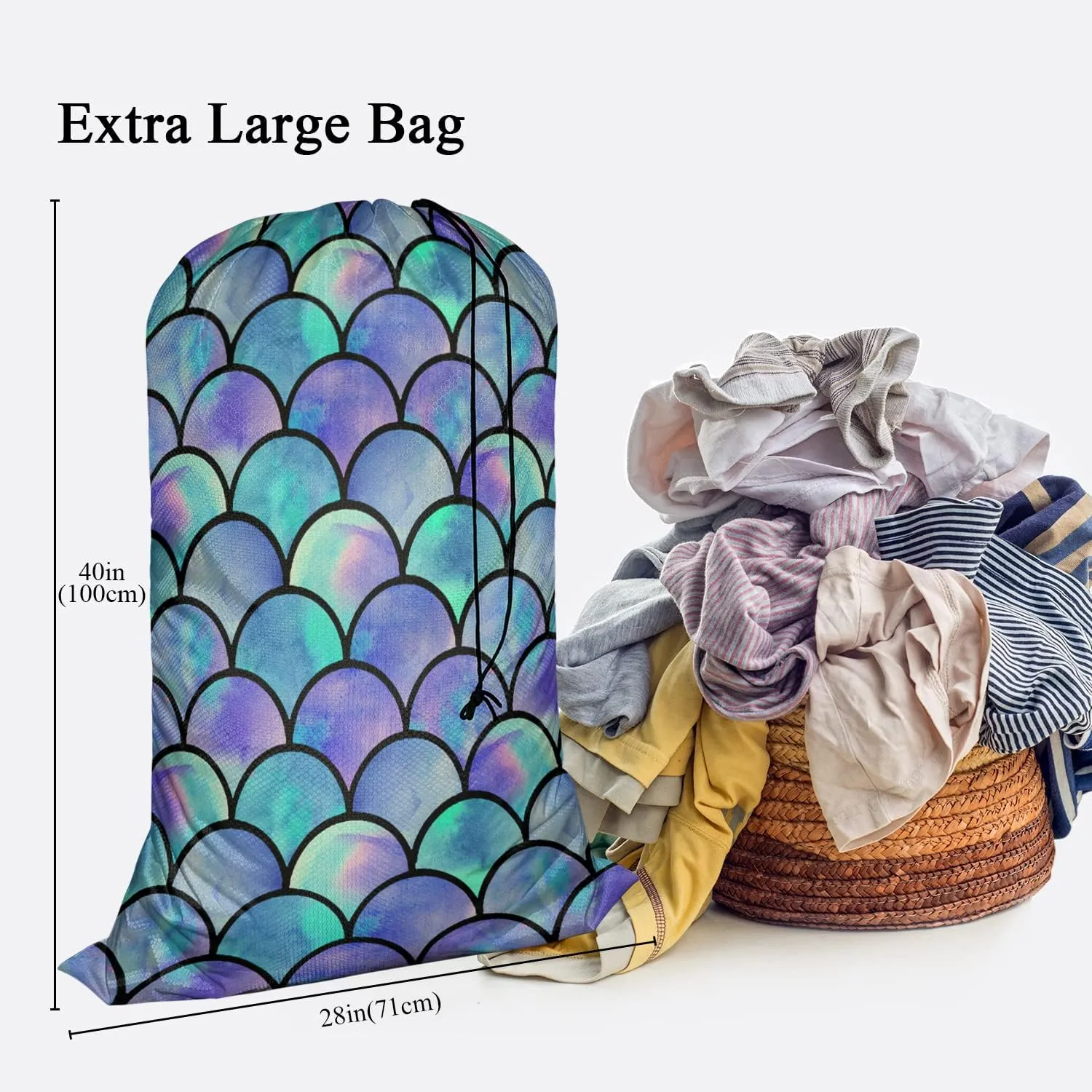 Swono Heavy Duty Large Laundry Bag Mermaid Scales 1 Pack 28 x 40 Inch, Watercolor Rainbow Sea Life XL Drawstring Travel Organizer Bag Tear Resistant Dirty Cloth Storage 4 Loads of Clothes, Ocean Theme