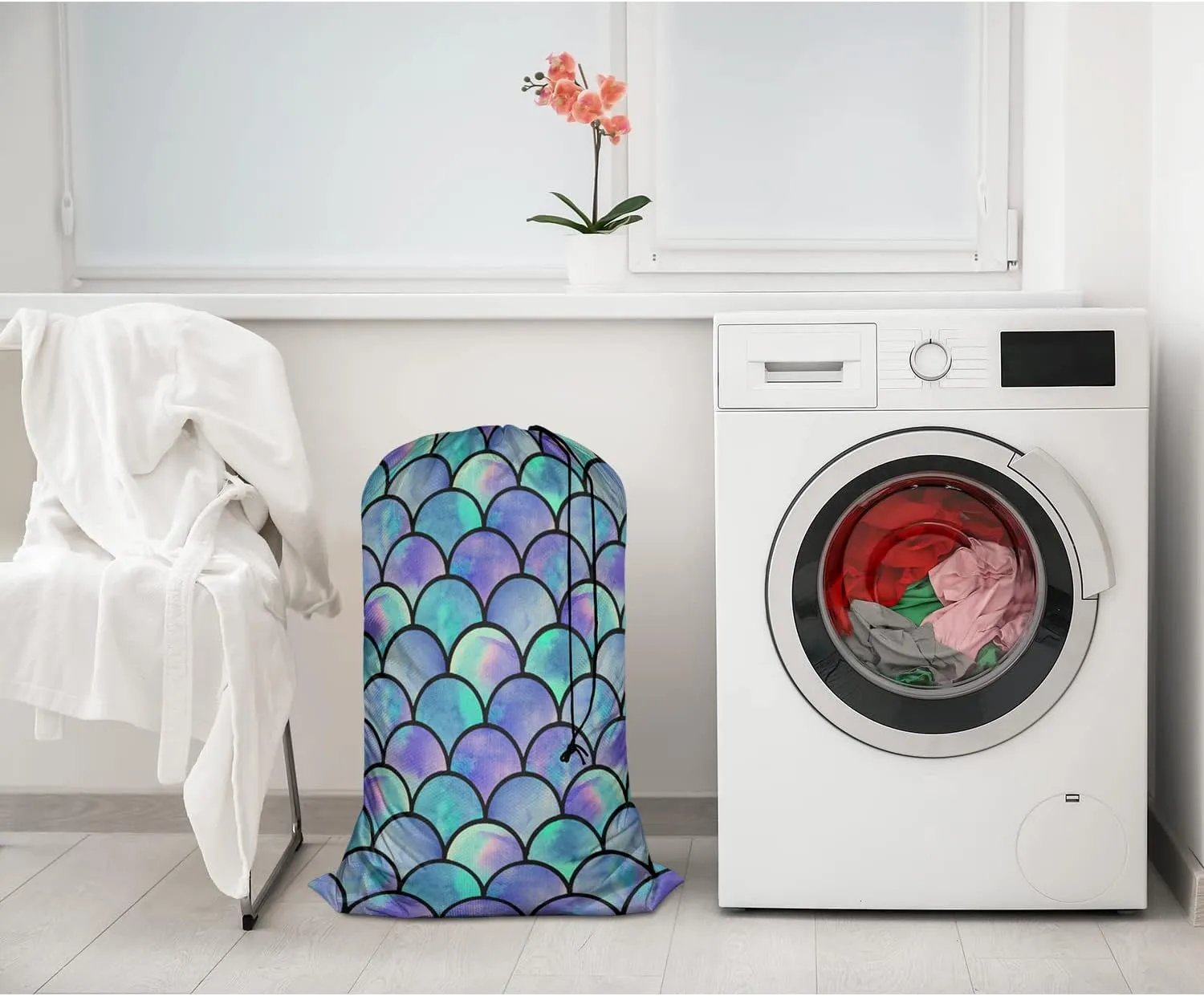 Swono Heavy Duty Large Laundry Bag Mermaid Scales 1 Pack 28 x 40 Inch, Watercolor Rainbow Sea Life XL Drawstring Travel Organizer Bag Tear Resistant Dirty Cloth Storage 4 Loads of Clothes, Ocean Theme
