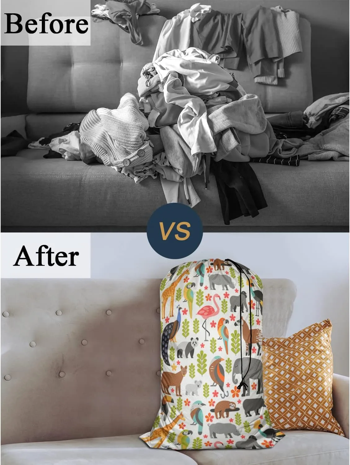 Swono Laundry Basket Clothes Hamper Bag Wild Animal Tropical Animals Puma Panda Koala Elephant Peacock Toucan Collapsible Dirty Clothes Storage Laundry Organizer