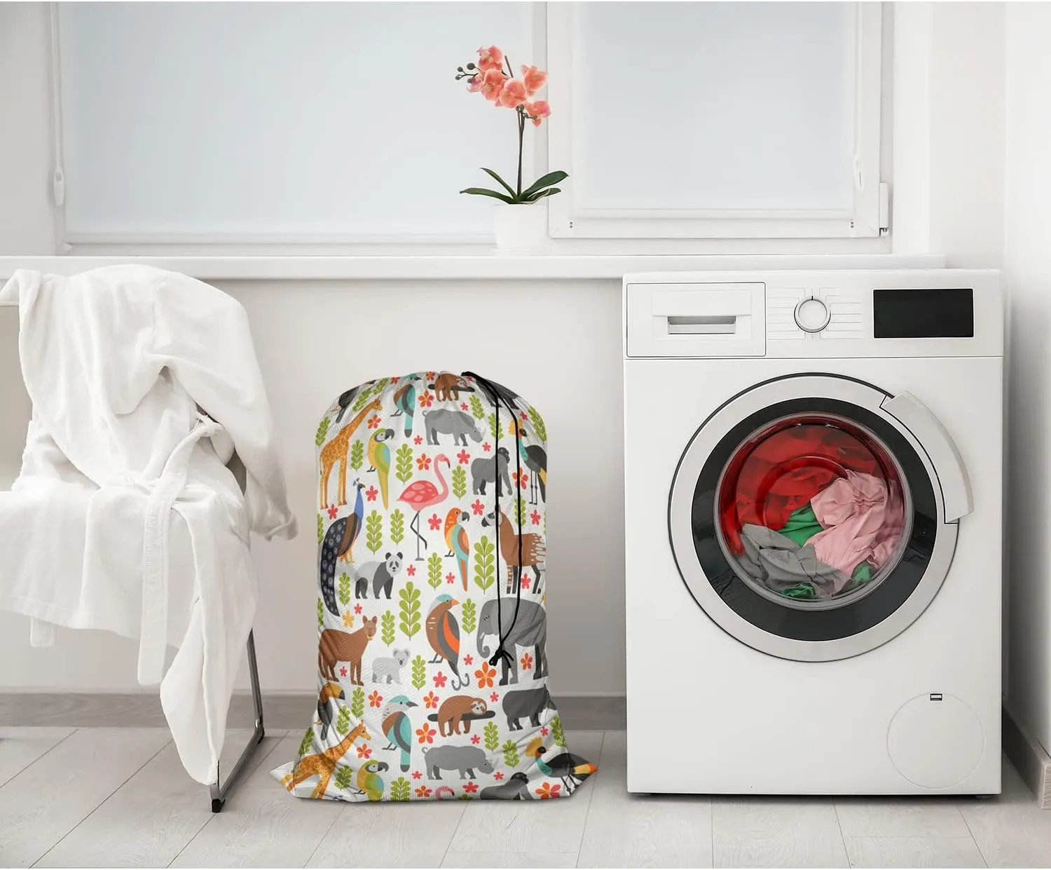 Swono Laundry Basket Clothes Hamper Bag Wild Animal Tropical Animals Puma Panda Koala Elephant Peacock Toucan Collapsible Dirty Clothes Storage Laundry Organizer