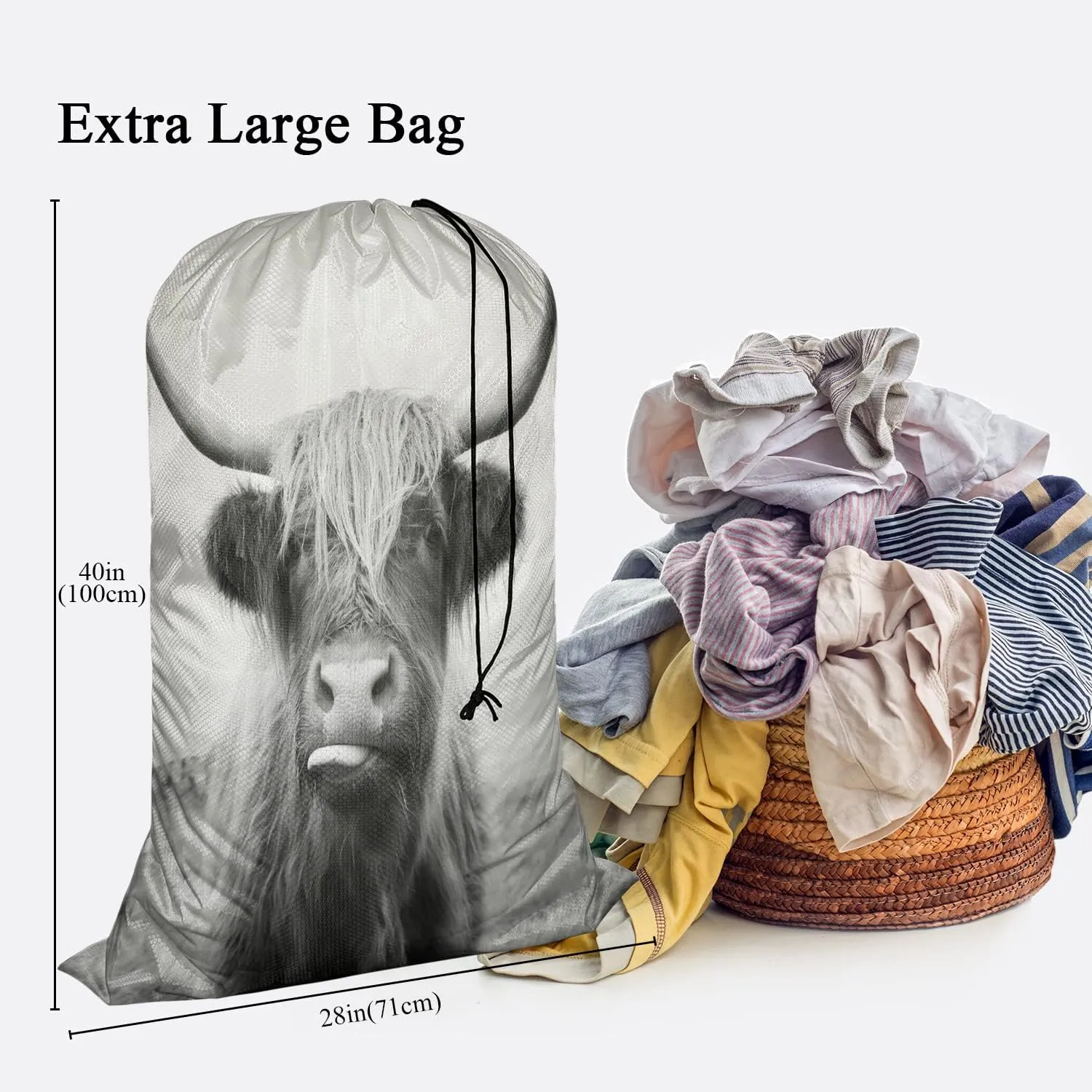 Swono Scottish Highland Cow Extra Large Travel Laundry Bag, Rip-Stop Dirty Clothes Shoulder Bag with Drawstring, Funny Animal Farm Mammal Wildlife Heavy Duty Travel Laundry Bag, 28x40 Inch