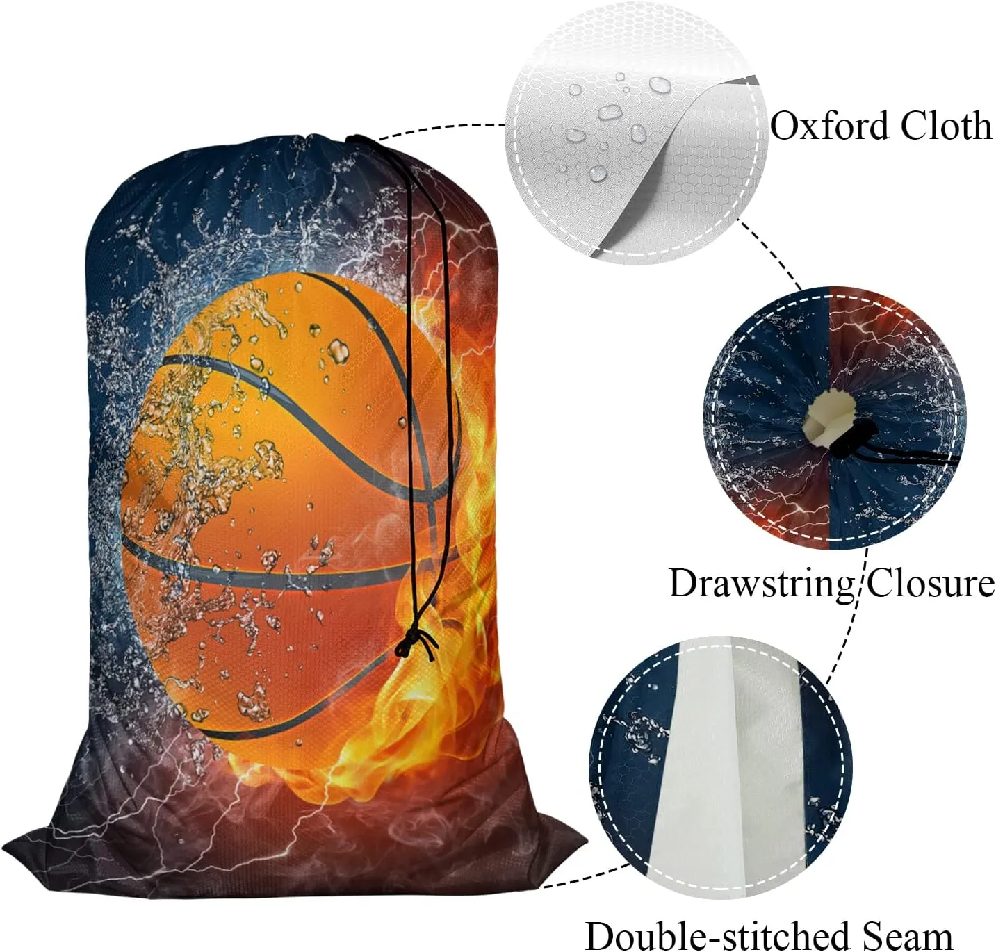 Swono Travel Laundry Bag, Basketball Ball In Fire Water Sport Spark Lightening Game Machine Washable Dirty Clothes Organizer, Large Enough to Hold 4 Loads of Laundry, Easy Fit a Laundry Hamper or