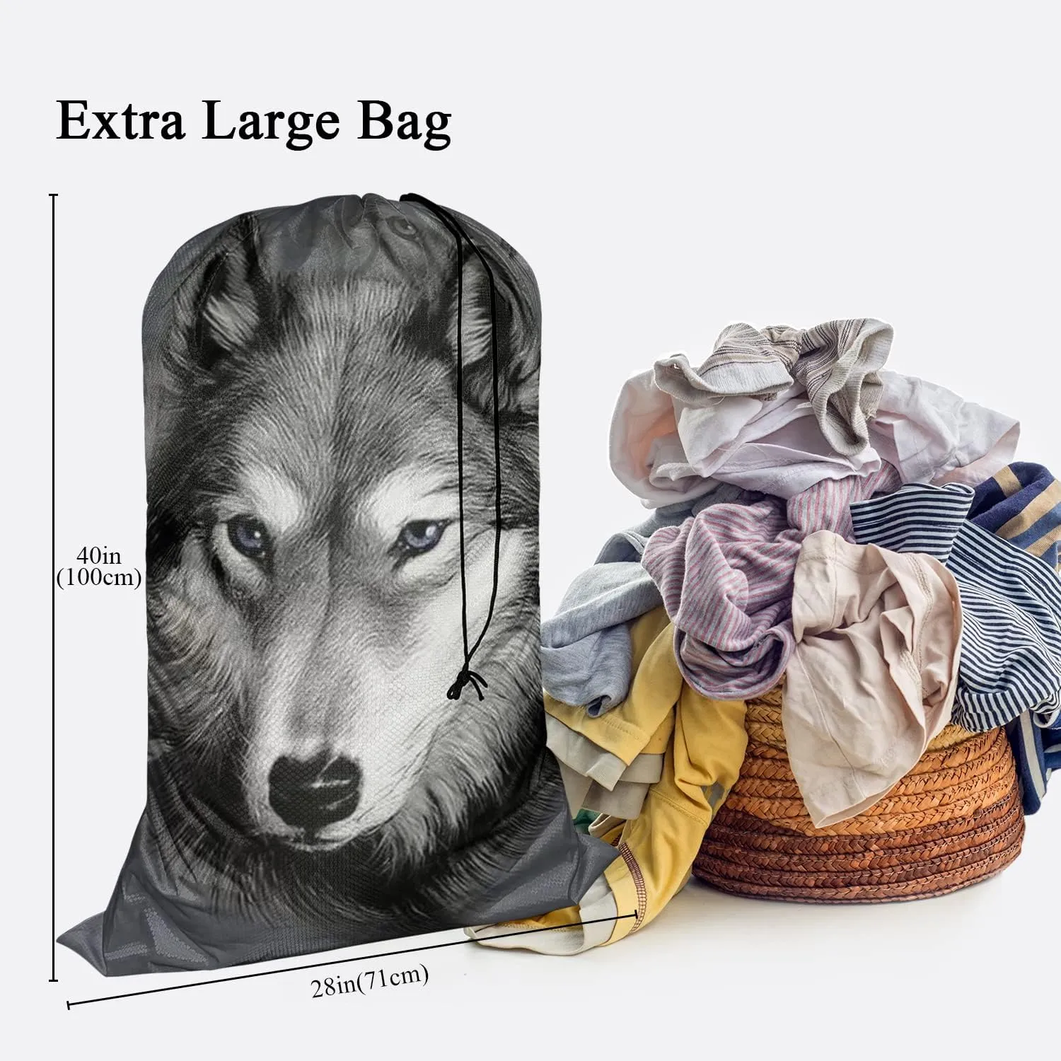 Swono Wolf Portrait Laundry Bag with Drawstring Straps, Heavy Duty Extra Large Laundry Bags for Laundromat, Household, Wildlife Cool Mammal Hunter Washable Travel Dirty Clothes Bag Hamper Liner, Grey
