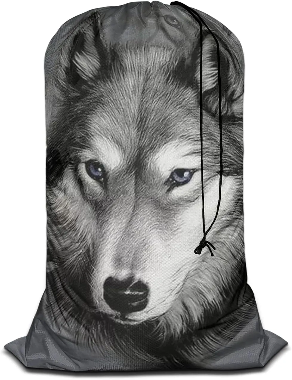 Swono Wolf Portrait Laundry Bag with Drawstring Straps, Heavy Duty Extra Large Laundry Bags for Laundromat, Household, Wildlife Cool Mammal Hunter Washable Travel Dirty Clothes Bag Hamper Liner, Grey