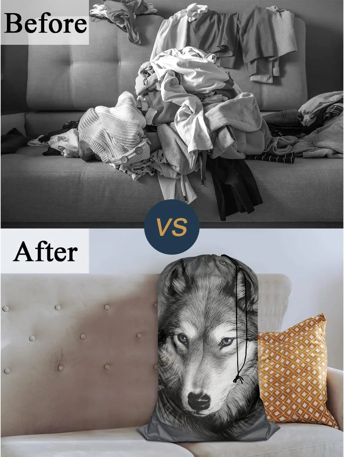 Swono Wolf Portrait Laundry Bag with Drawstring Straps, Heavy Duty Extra Large Laundry Bags for Laundromat, Household, Wildlife Cool Mammal Hunter Washable Travel Dirty Clothes Bag Hamper Liner, Grey