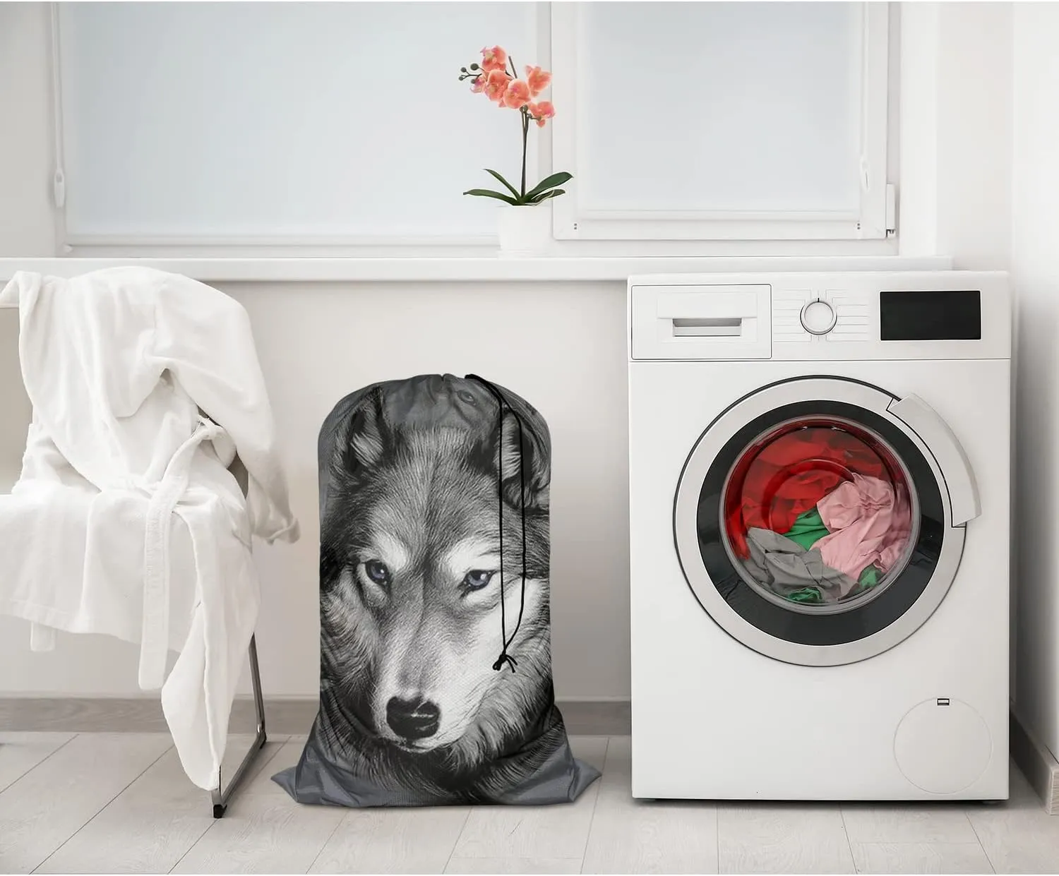 Swono Wolf Portrait Laundry Bag with Drawstring Straps, Heavy Duty Extra Large Laundry Bags for Laundromat, Household, Wildlife Cool Mammal Hunter Washable Travel Dirty Clothes Bag Hamper Liner, Grey
