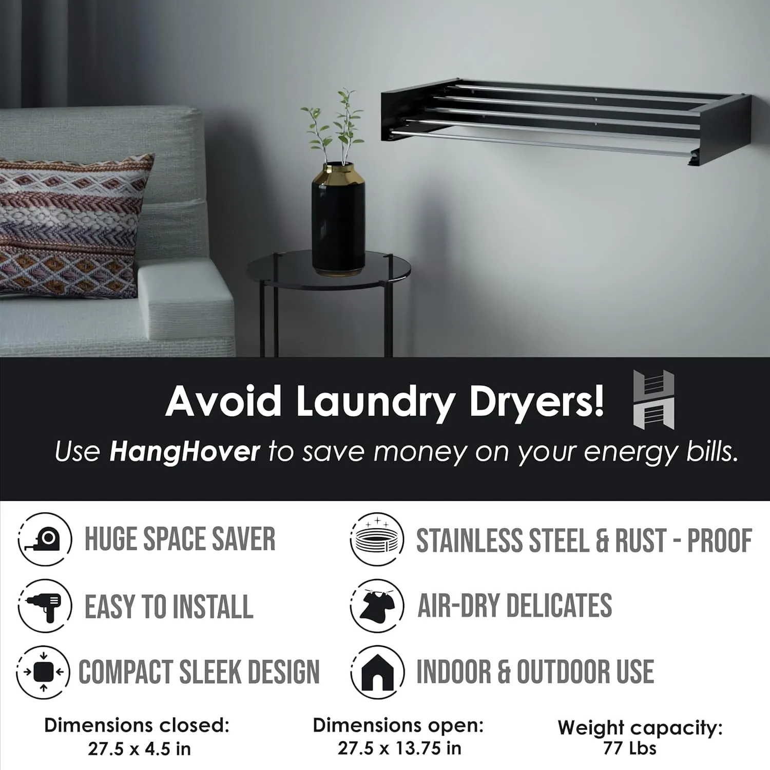 TCO ADVENTURES Wall Mounted Foldable Drying Rack 27.5" Elegant Matte Invisible Hanger | Folding Stainless Steel Collapsible Space Saver with 11.5 Feet Drying Capacity (Medium, Black)