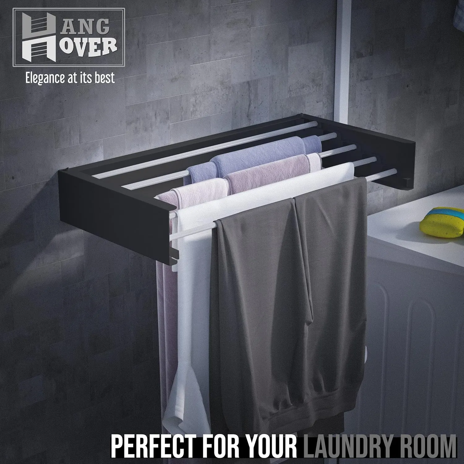 TCO ADVENTURES Wall Mounted Foldable Drying Rack 27.5" Elegant Matte Invisible Hanger | Folding Stainless Steel Collapsible Space Saver with 11.5 Feet Drying Capacity (Medium, Black)