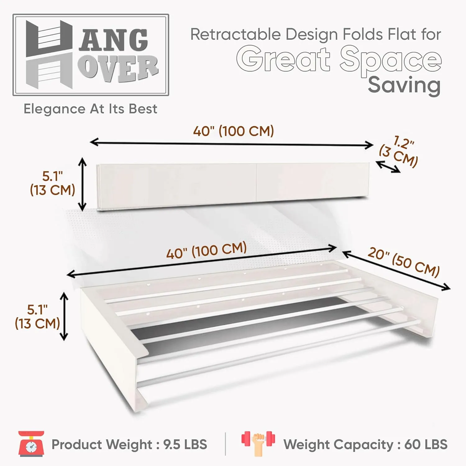 TCO ADVENTURES Wall Mounted Foldable Drying Rack 40" Elegant Matte Invisible Hanger | Folding Stainless Steel Collapsible Space Saver with 20 Feet Drying Capacity (Large, Signal White)