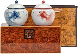 Tea Caddy Creative Hand-painted Goldfish Tea Storage Container Jar Ceramic Sealed Storage Jar Tea Set Double Jar Gift Box Set for Kitchen Storage Tea Coffee Sugar