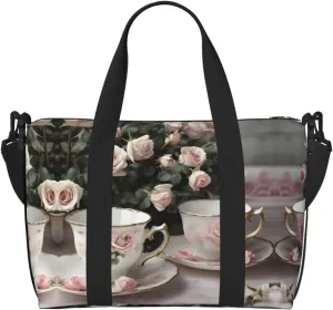 Tea Cups with Roses Romantic Shabby print Travel Duffel Bag,workout duffel bag, overnight shoulder Bag,Weekender Bag for Women Men