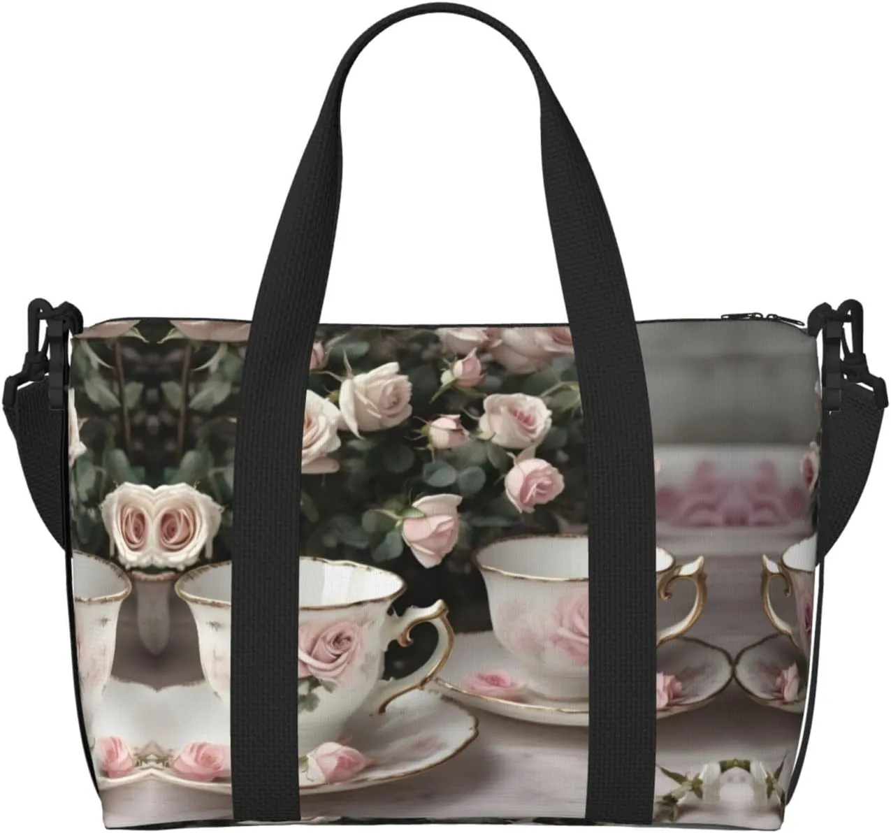 Tea Cups with Roses Romantic Shabby print Travel Duffel Bag,workout duffel bag, overnight shoulder Bag,Weekender Bag for Women Men