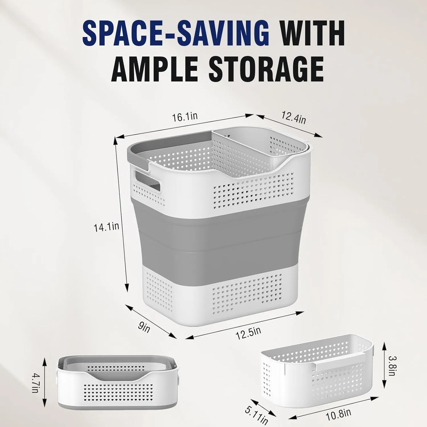 TECHMILLY Collapsible Plastic Laundry Basket Hamper with Handles, 35L Portable Rubber Clothes Basket, Pop Up Storage Container/Organizer with Hanging basket for Washing & Storage, Grey