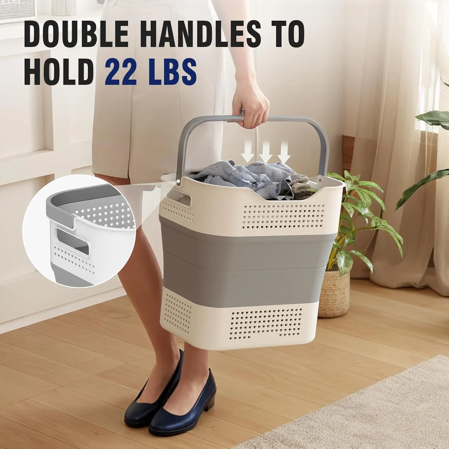 TECHMILLY Collapsible Plastic Laundry Basket Hamper with Handles, 35L Portable Rubber Clothes Basket, Pop Up Storage Container/Organizer with Hanging basket for Washing & Storage, Grey