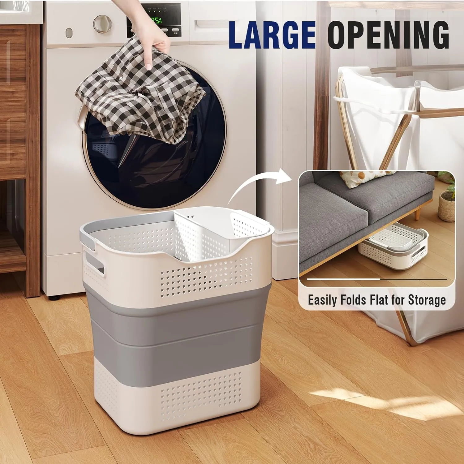 TECHMILLY Collapsible Plastic Laundry Basket Hamper with Handles, 35L Portable Rubber Clothes Basket, Pop Up Storage Container/Organizer with Hanging basket for Washing & Storage, Grey