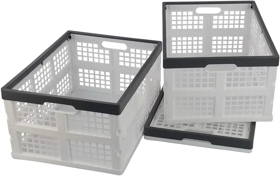 Teyyvn 3-Pack 30 L Plastic Stackable Collapsible Storage Crates, Folding Storage Baskets