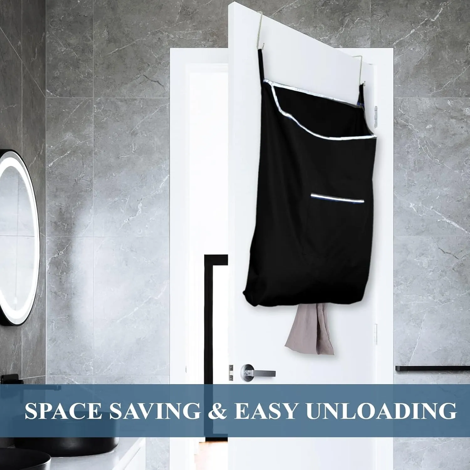 The Fine Living Co. Large Hanging Laundry Hamper with Over Door Hooks & Adhesive, Durable Space Saving Laundry Bag with Zipper and Wide Open Top, Hanging Dorm Laundry Hamper 18"x4.75"x28" (Black-L)