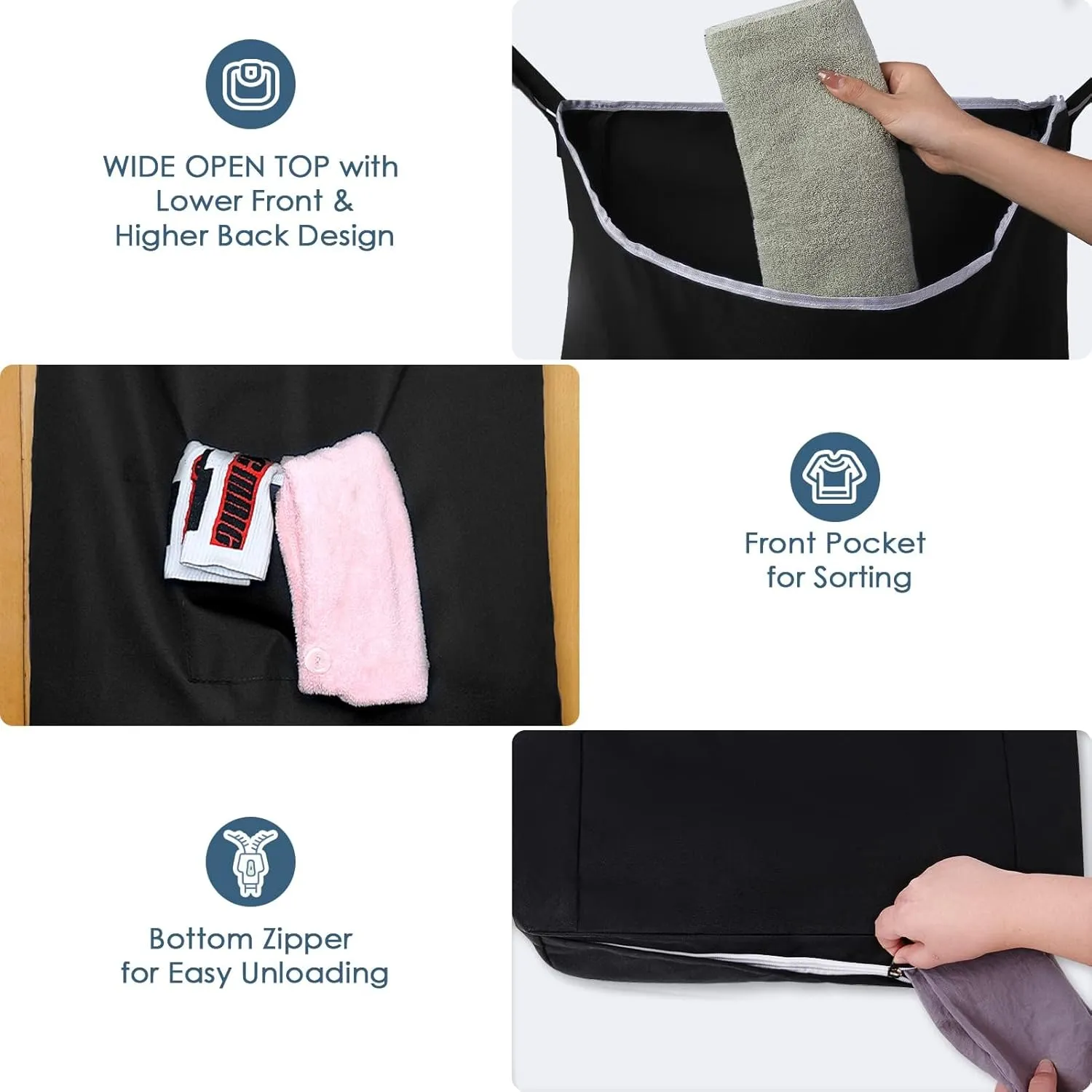 The Fine Living Co. Large Hanging Laundry Hamper with Over Door Hooks & Adhesive, Durable Space Saving Laundry Bag with Zipper and Wide Open Top, Hanging Dorm Laundry Hamper 18"x4.75"x28" (Black-L)