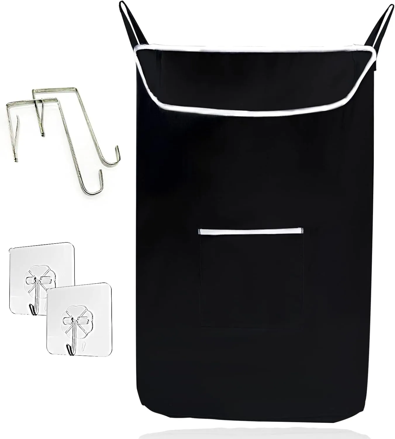 The Fine Living Co. Large Hanging Laundry Hamper with Over Door Hooks & Adhesive, Durable Space Saving Laundry Bag with Zipper and Wide Open Top, Hanging Dorm Laundry Hamper 18"x4.75"x28" (Black-L)