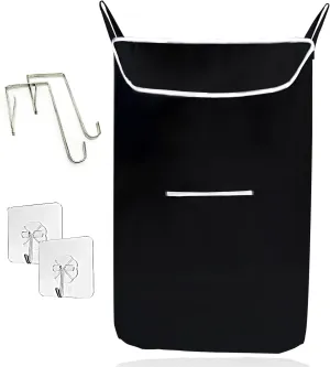 The Fine Living Co. Large Hanging Laundry Hamper with Over Door Hooks & Adhesive, Durable Space Saving Laundry Bag with Zipper and Wide Open Top, Hanging Dorm Laundry Hamper 18"x4.75"x28" (Black-L)