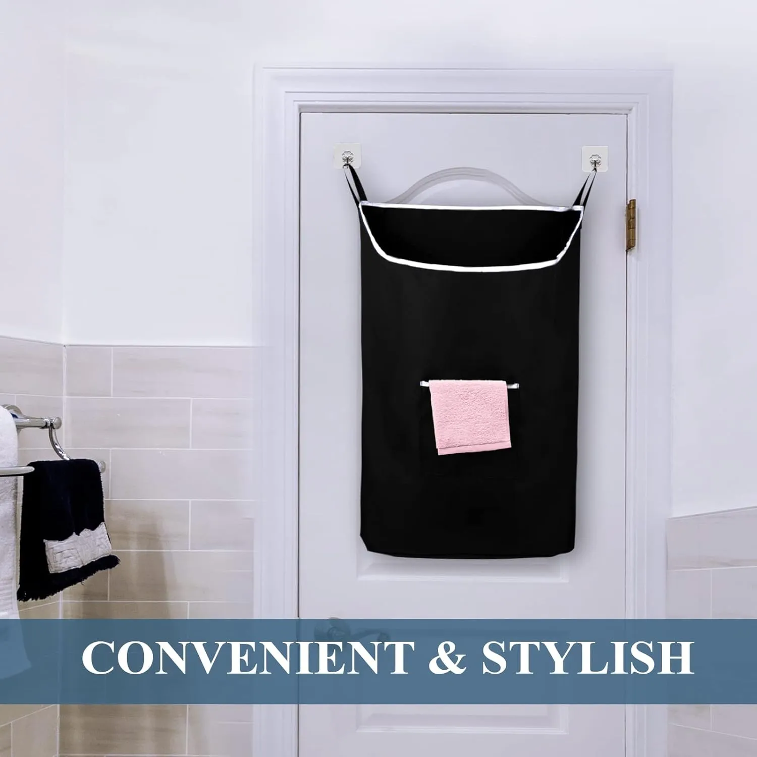 The Fine Living Co. Large Hanging Laundry Hamper with Over Door Hooks & Adhesive, Durable Space Saving Laundry Bag with Zipper and Wide Open Top, Hanging Dorm Laundry Hamper 18"x4.75"x28" (Black-L)